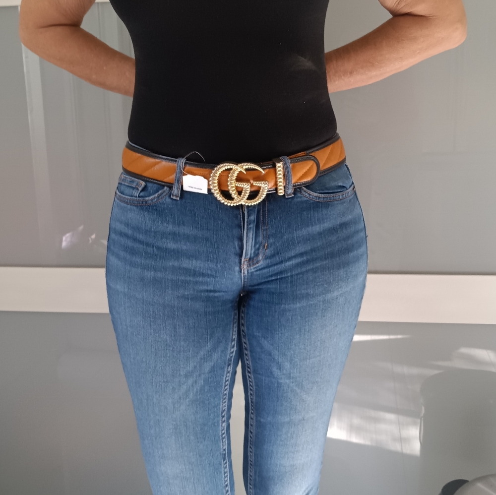 NEW GUCCI GG WIDE BELT GOLD-TONE TORCHON BUCKLE COGNAC/BLACK LEATHER SZ 36/90 - Picture 16 of 16